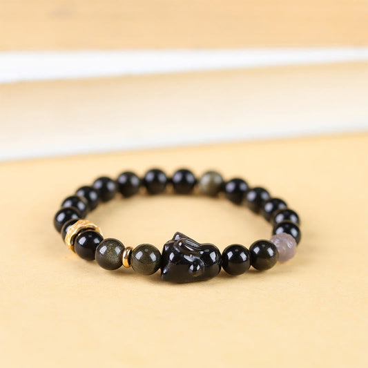 Wear FengShui Gold Sheen Obsidian Black Obsidian Silver Sheen Obsidian Cute Rabbit Protection Bracelet