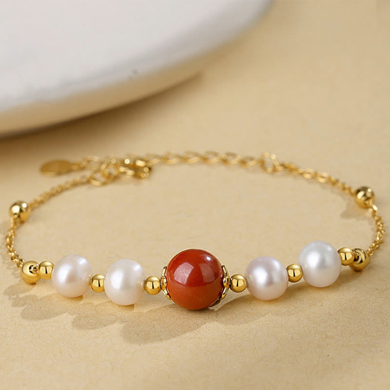 Wear FengShui 925 Sterling Silver Pearl Cinnabar Healing Bead Chain Bracelet