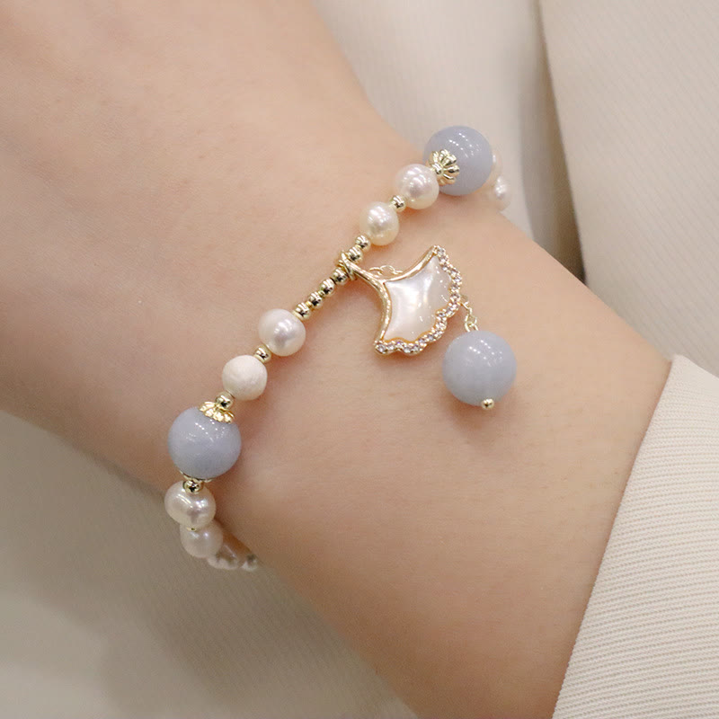 Wear FengShui Natural Aquamarine Pearl Healing Ginkgo Leaf Butterfly Charm Bracelet