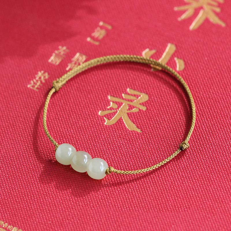Wear FengShui Three Beads Jade Luck String Weave Bracelet