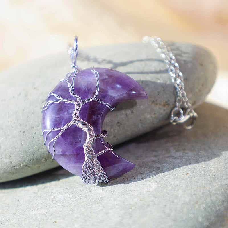 Wear FengShui Natural Quartz Crystal Moon Tree Of Life Healing Energy Necklace Pendant