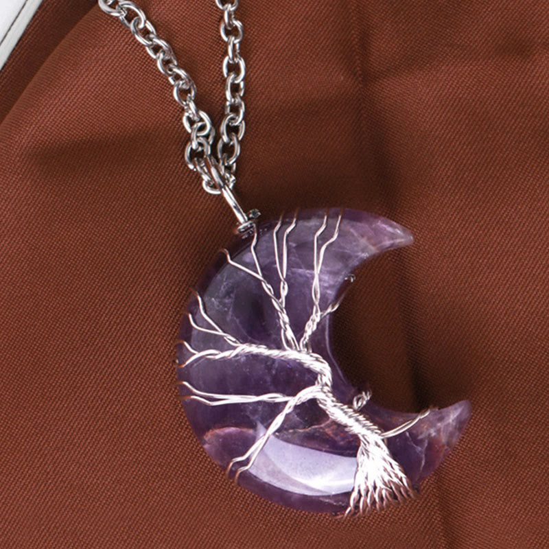 Wear FengShui Natural Quartz Crystal Moon Tree Of Life Healing Energy Necklace Pendant