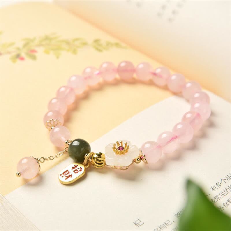 Wear FengShui Natural Pink Crystal Jade Flower Warm Love Bracelet