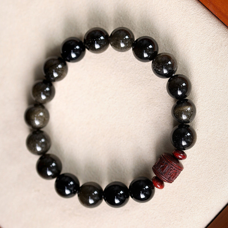 Wear FengShui Natural Gold Sheen Obsidian Rainbow Obsidian Om Mani Padme Hum Fu Character Healing Bracelet