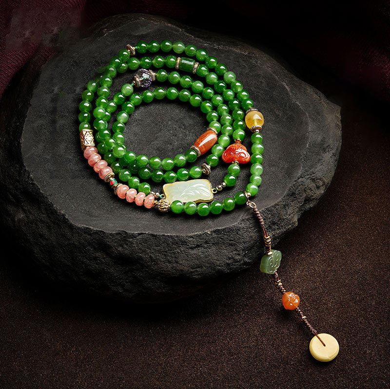 Wear FengShui 108 Mala Beads Cyan Jade Red Agate Laughing Buddha Luck Bracelet