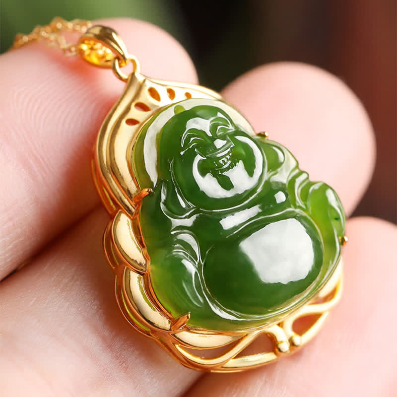 Wear FengShui 925 Sterling Silver Natural Hetian Cyan Jade Laughing Buddha 18K Gold Healing Necklace Chain Pendant