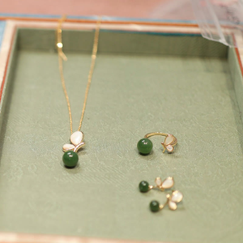 Wear FengShui Natural Butterfly Tridacna Stone Cyan Jade Copper Plated Gold Calm Necklace Pendant Ring Earrings Set