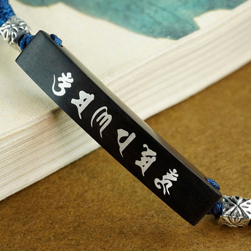 Wear FengShui Buddhism Six True Words Wood Ebony Wood Silver Inlaid Protection Bracelet