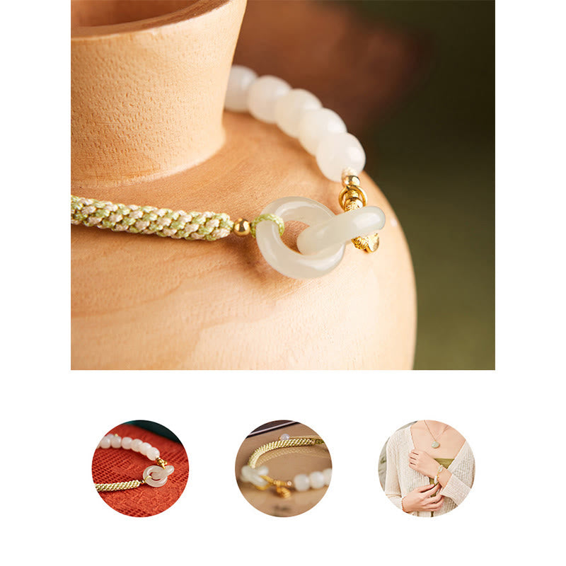 Wear FengShui Natural Hetian Jade Bead Double Peace Buckle Fu Character Abundance Braided Bracelet