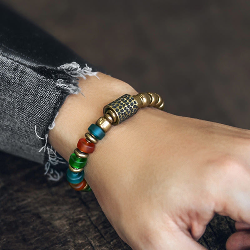 Wear FengShui Tibetan Colorful Glass Beads Copper Wealth Bracelet