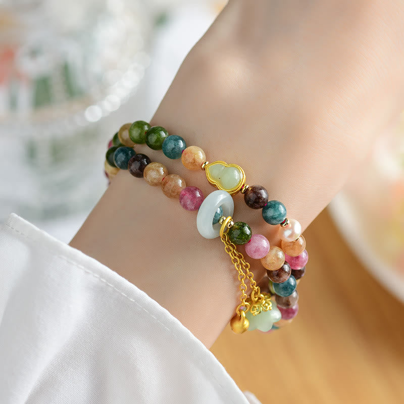 Wear FengShui Multicolored Tourmaline Gourd Wisdom Double Wrap Lily Of The Valley Charm Bracelet