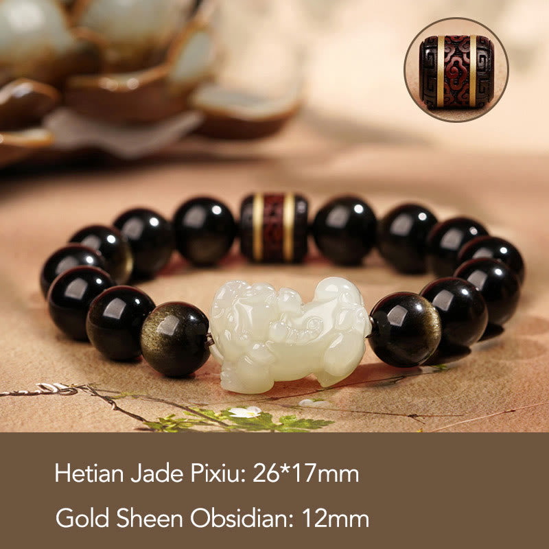 Wear FengShui Natural Gold Sheen Obsidian Hetian Cyan Jade White Jade PiXiu Wealth Bracelet