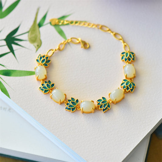 Wear FengShui White Jade Cyan Jade Lotus Protection Bracelet
