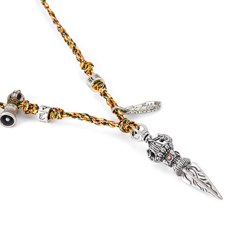 Wear FengShui Tibetan Handmade 925 Sterling Silver Dorje Vajra Om Mani Padme Hum Feather Strength Necklace Pendant