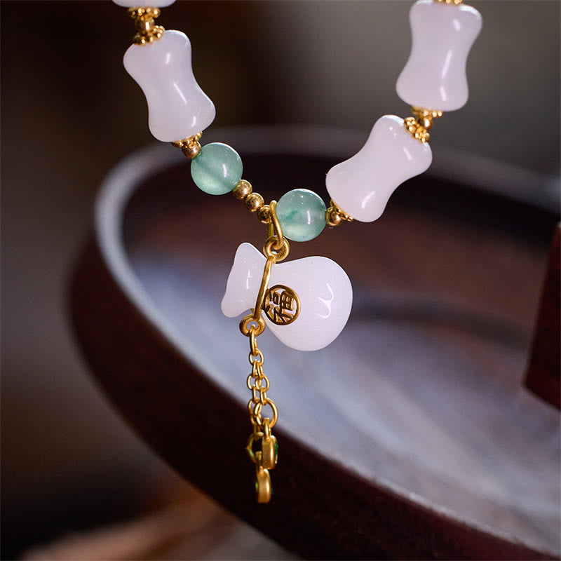 Wear FengShui Natural White Golden Silk Jade Bamboo Pattern Wealth Lucky Bag Fu Character Bracelet