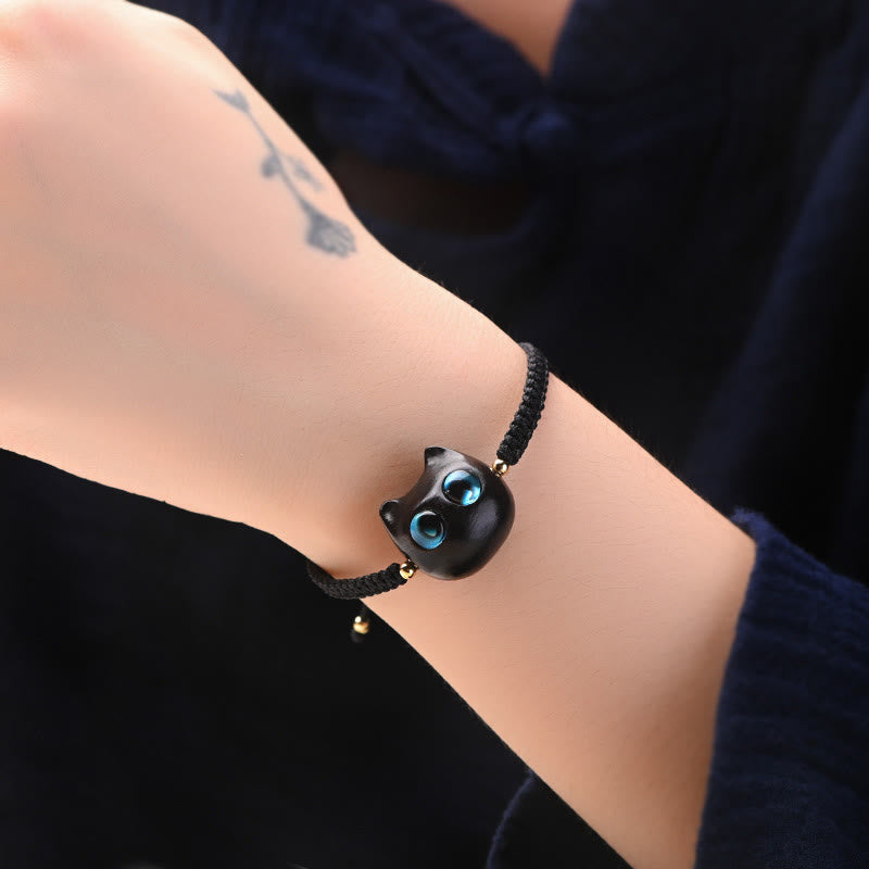 Wear FengShui Small Leaf Red Sandalwood Ebony Wood Cute Cat Head Calm Protection Braided Bracelet