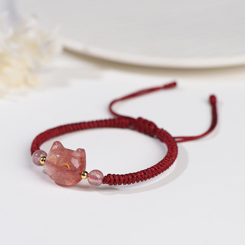 Wear FengShui Handmade Natural Silver Sheen Obsidian Strawberry Quartz Cute Cat Protection Braided Bracelet