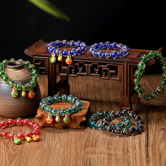 Wear FengShui Gold Swallowing Beast Family Charm Luminous Fluorescent Liuli Glass Bead Success Bracelet