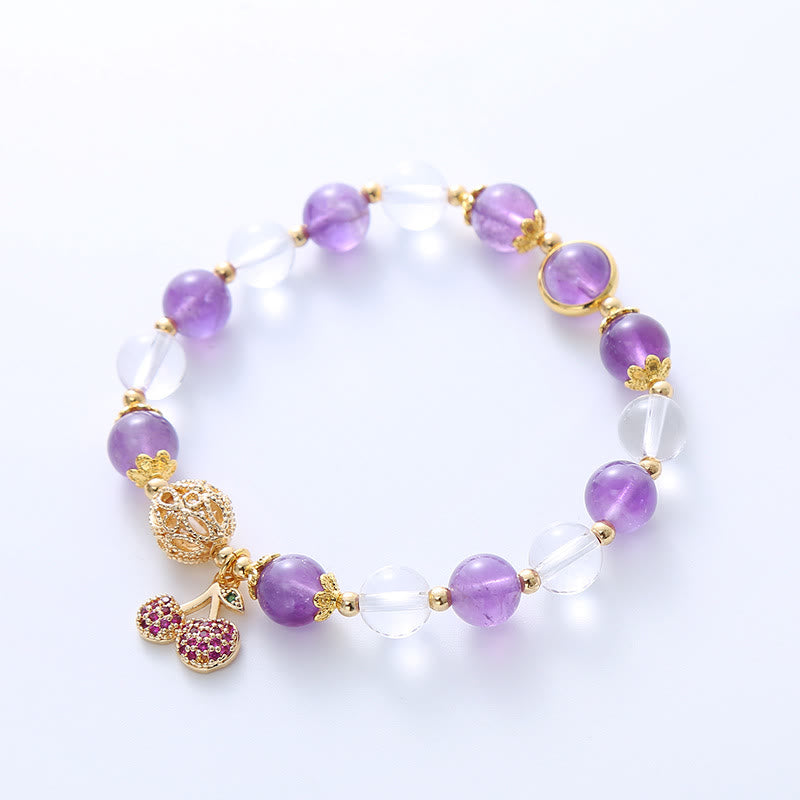 Wear FengShui Natural Amethyst White Crystal Positive Cherry Charm Bracelet