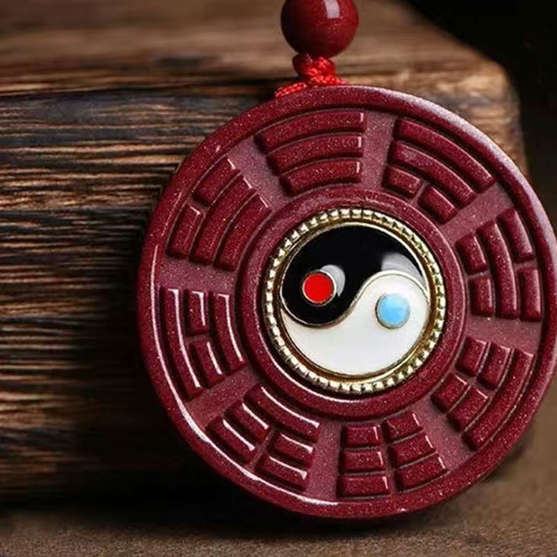 Wear FengShui Natural Cinnabar Bagua Rotatable Yin Yang Keep Away Evil Spirits Necklace Pendant