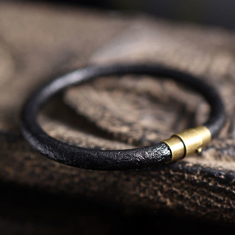 Wear FengShui Retro Leather Luck Healing Copper Magnetic Buckle Bracelet