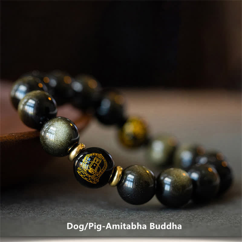 Wear FengShui Chinese Zodiac Natal Buddha Gold Sheen Obsidian Wealth Protection Bracelet