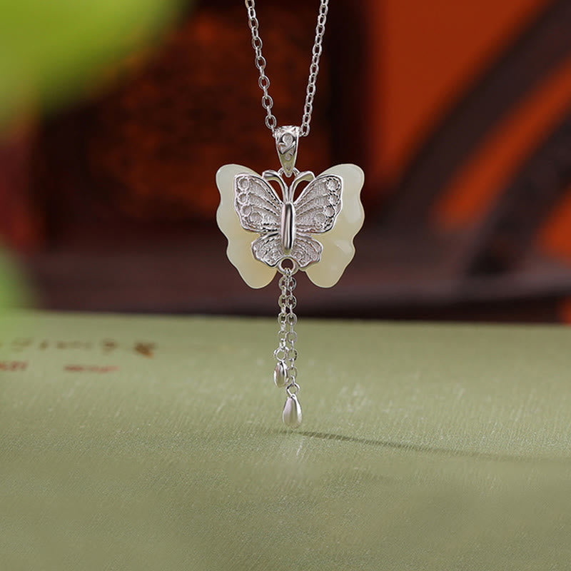 Wear FengShui 925 Sterling Silver Plated Gold Hetian White Jade Butterfly Blessing Necklace Pendant
