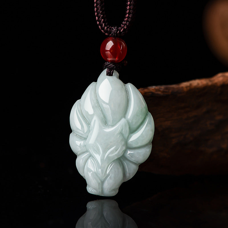 Wear FengShui Natural Jade Nine Tailed Fox Luck Prosperity Necklace Pendant