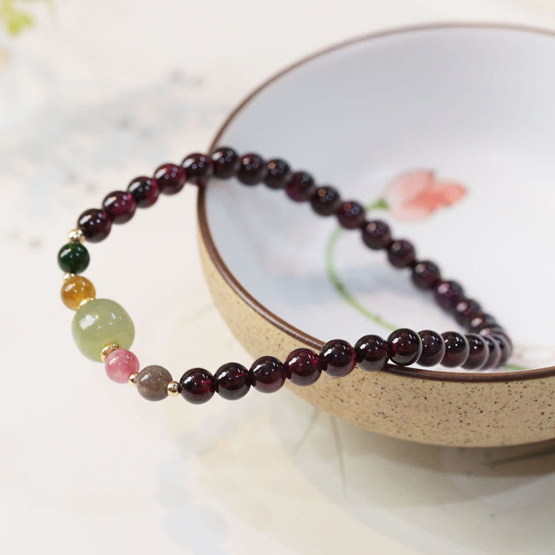 Wear FengShui Natural Garnet Hetian Jade Tourmaline Bead Passion Bracelet