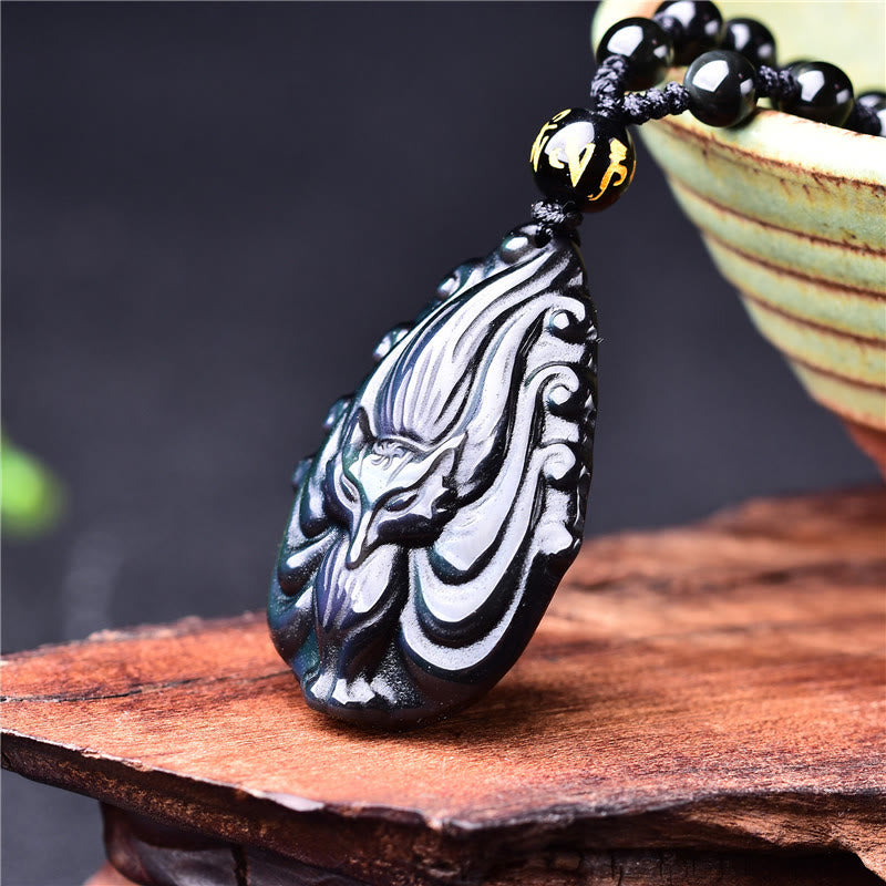 Wear FengShui Natural Rainbow Obsidian Nine Tailed Fox Inner Peace Necklace Beaded String Pendant