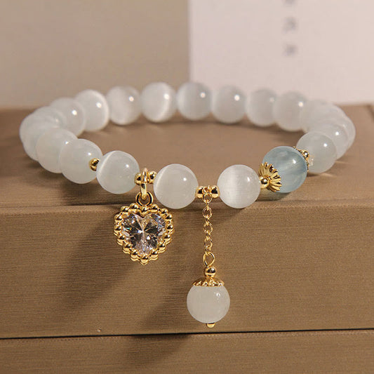 Wear FengShui Cat's Eye Crystal Heart Zircon Charm Peace Love Bracelet