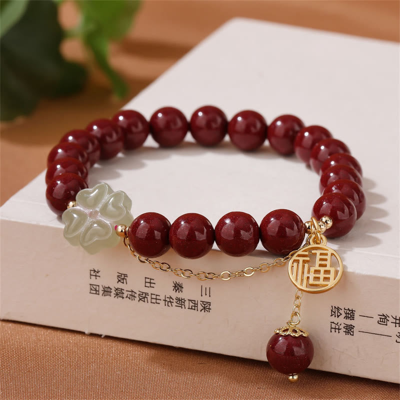 Wear FengShui Cinnabar Fu Character Hetian Jade Lucky Four Leaf Clover Blessing Bracelet