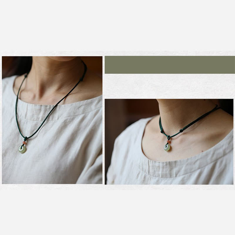 Wear FengShui Natural Round Jade Peace Buckle Lotus Abundance String Necklace Pendant