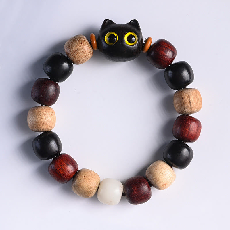 Wear FengShui Small Leaf Red Sandalwood Ebony Wood Cute Cat Engraved Protection Bracelet