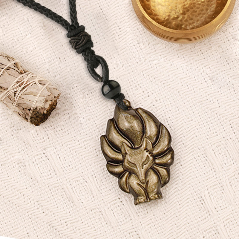Wear FengShui Natural Fluorite Gold Sheen Obsidian Fox Pendant Protection Necklace