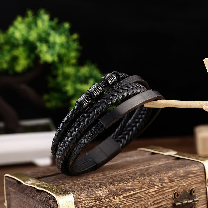 Wear FengShui Leather Multi-Layer Titanium Steel Balance Braided Magnetic Buckle Bracelet