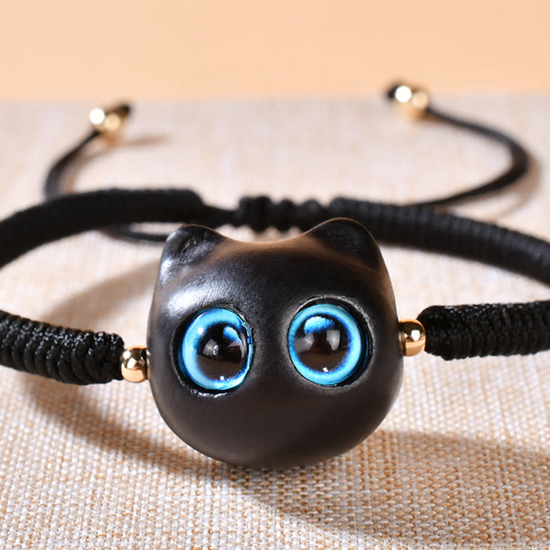 Wear FengShui Ebony Wood Cat Head Pattern Peace King Kong Knot Braided Bracelet