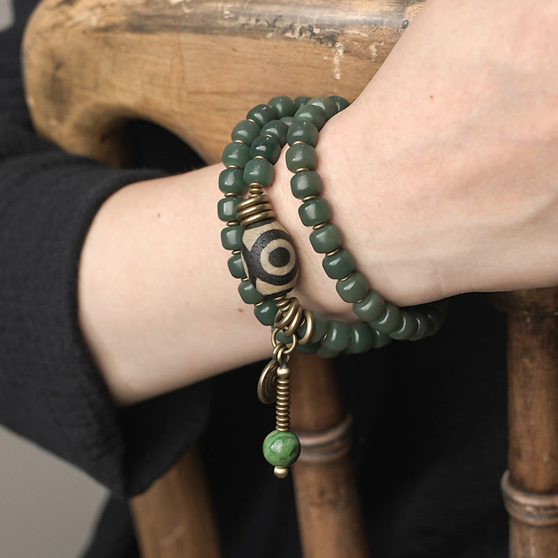 Wear FengShui Cyan Bodhi Seed Dzi Bead Wisdom Peace Triple Wrap Bracelet