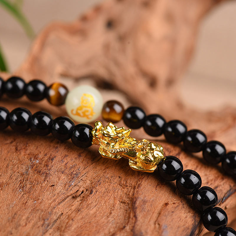 Wear FengShui Chinese Zodiac Obsidian PiXiu Protection Mala Bracelet