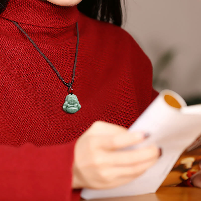 Wear FengShui Natural Green Jade Laughing Buddha Luck Abundance Necklace Pendant