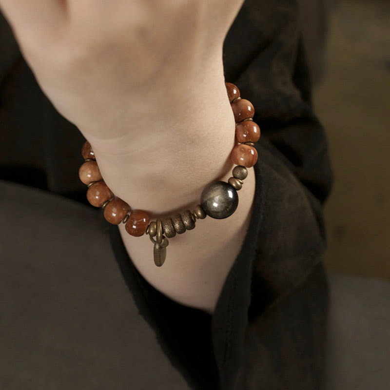 Wear FengShui Kuka Seed Tiger Eye Gold Sheen Obsidian Brass Copper Wealth Luck Bracelet