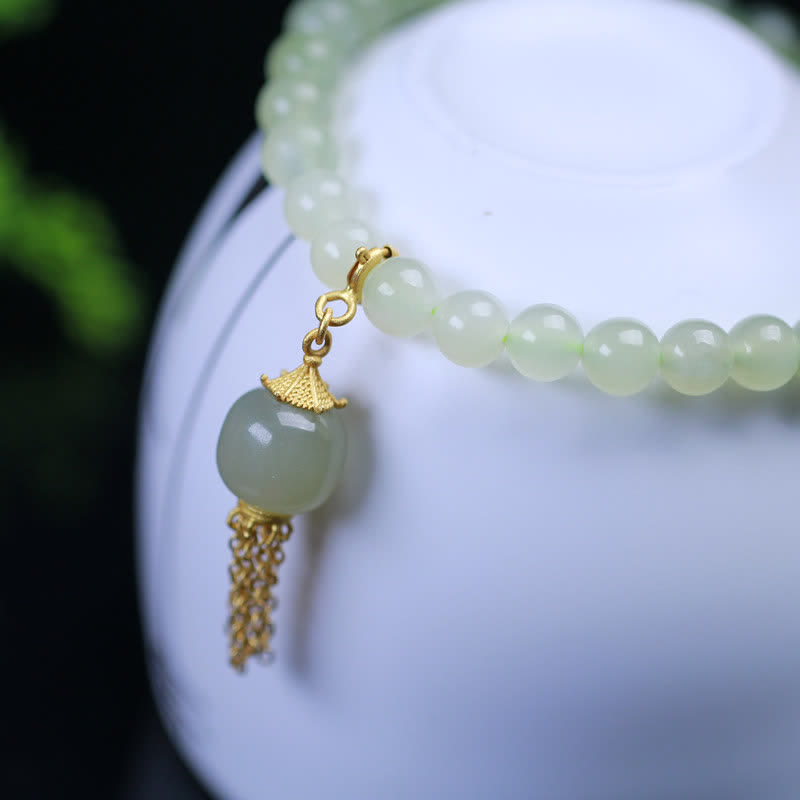 Wear FengShui 925 Sterling Silver Hetian Jade Beaded Wealth Charm Bracelet