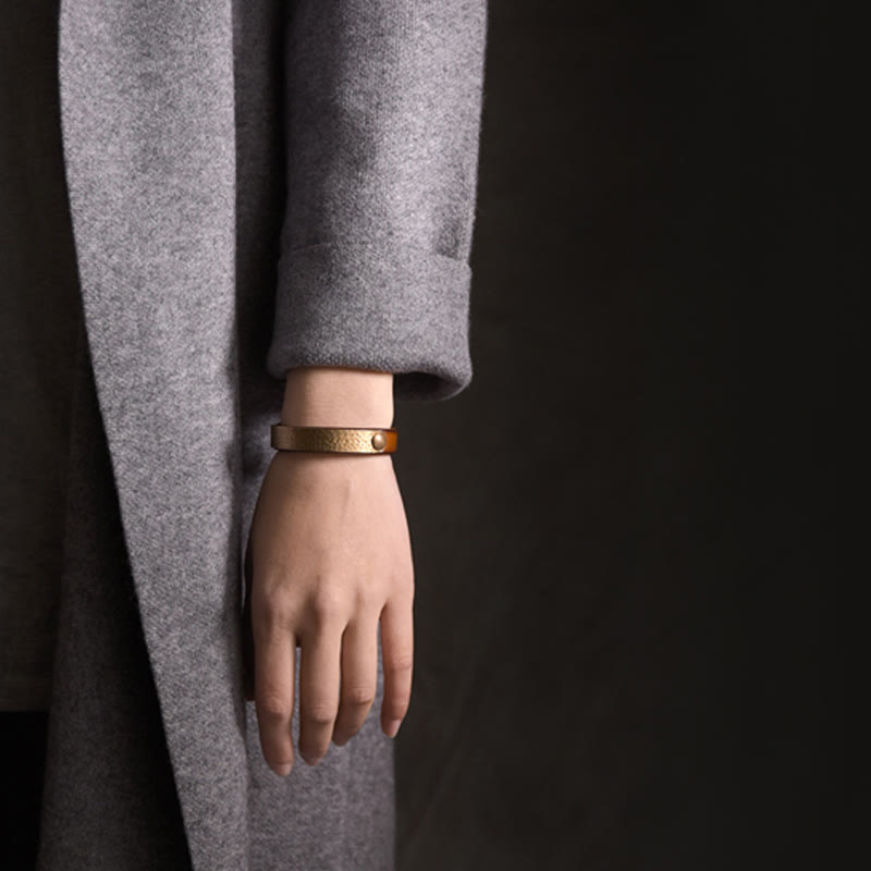Wear FengShui Vintage Handmade Texture Copper Brass Leather Wealth Bracelet Bangle