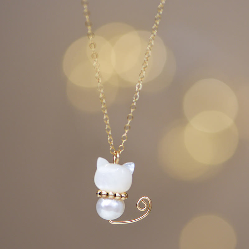 Wear FengShui 14K Gold Plated Pearl Hetian Jade Shell Luck Cat Kitten Necklace Pendant