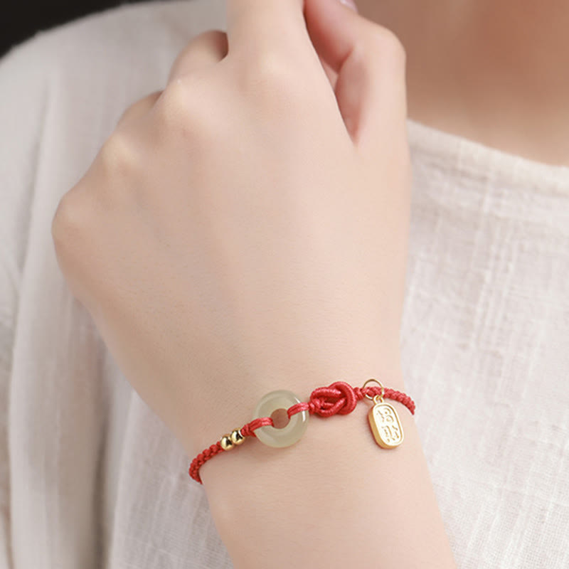 Wear FengShui Hetian Jade Peace Buckle Fu Character String Luck Bracelet