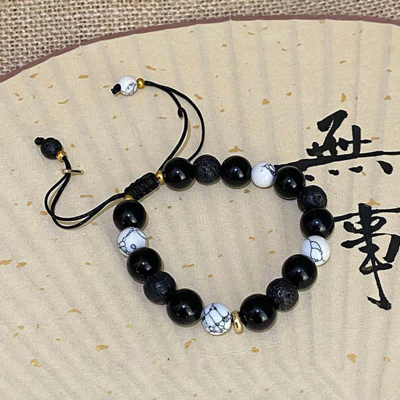 Wear FengShui Black Obsidian Lava Rock Stone Yin Yang Strength Bracelet