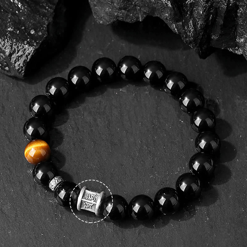 Wear FengShui 999 Sterling Silver Black Obsidian Tiger Eye Om Mani Padme Hum Fulfillment Bracelet