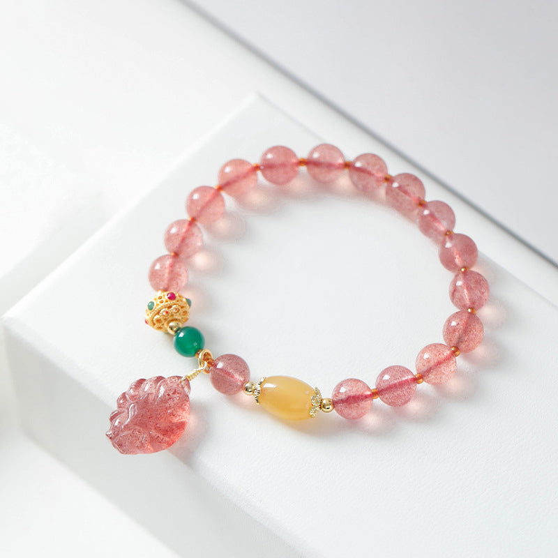 Wear FengShui Natural Strawberry Quartz Nine Tailed Fox Healing Bracelet