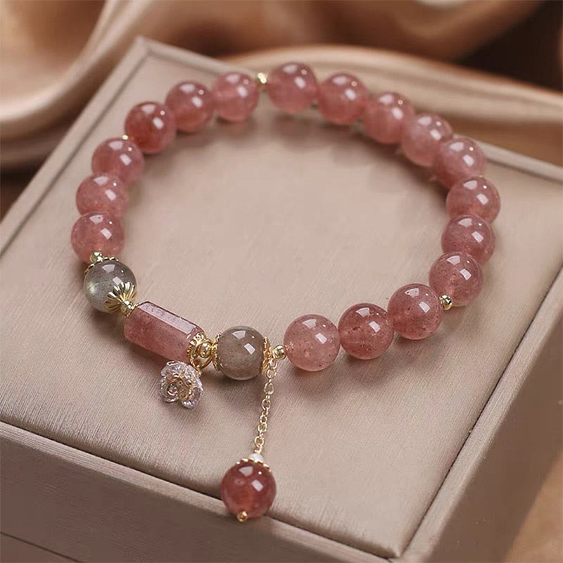 Wear FengShui Natural Strawberry Quartz Zircon Flower Positive Charm Bracelet