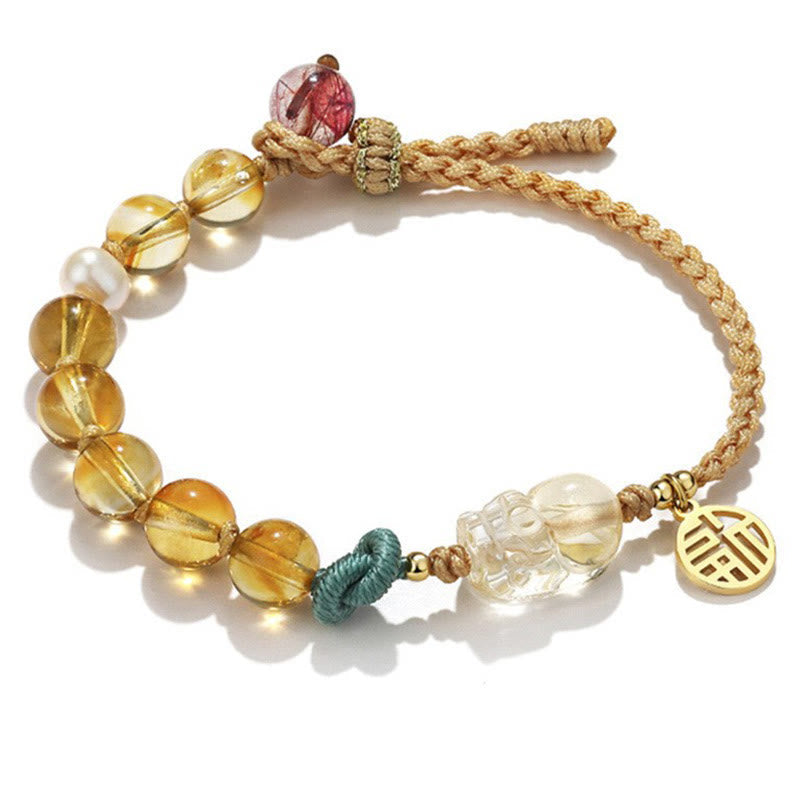 Wear FengShui Citrine PiXiu Fu Character Prosperity String Braided Bracelet